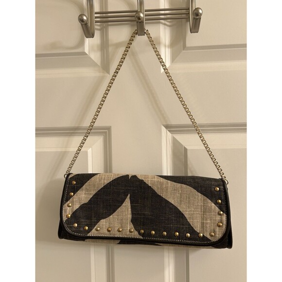 Ann Taylor Loft Leopard Brown Canvas Cocktail Handbag w/ Studs & Chain - Picture 1 of 5